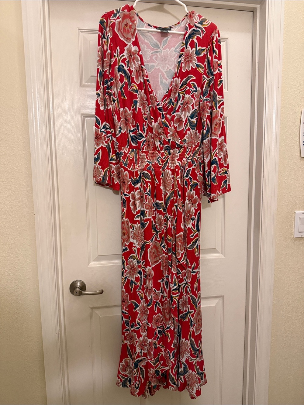 Chelsea & Theodore Red Floral Wrap-Style Maxi Dress